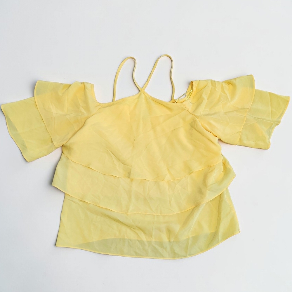Chicos Silk Tiered Flutter Sleeve Blouse Womens M Yellow  Off Shoulder Halter
